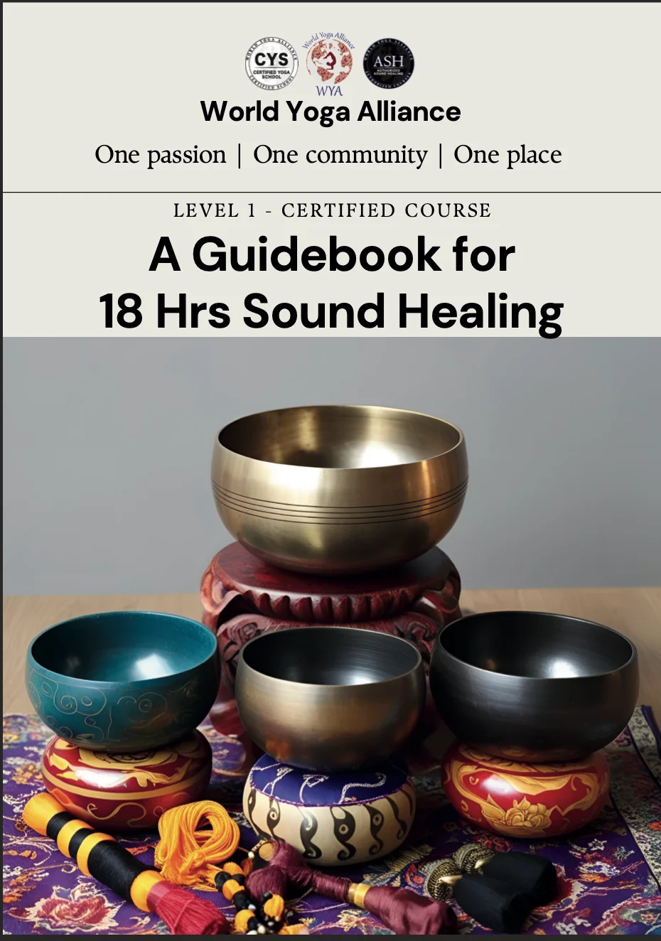 Professional sound healing training cover featuring meditation, healing vibrations, singing bowls, and spiritual wellness education.